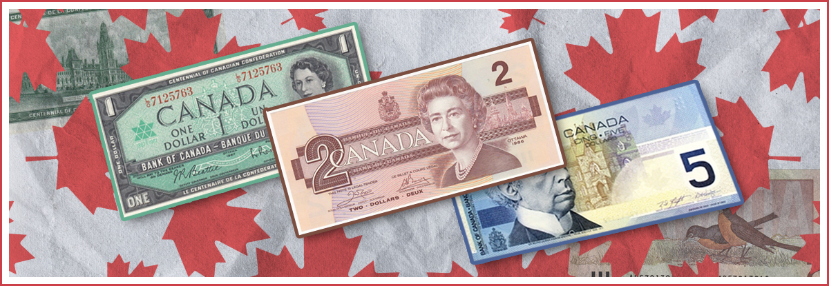 Canada Paper Money Featuring 1, 2 and 5 Dollar Notes